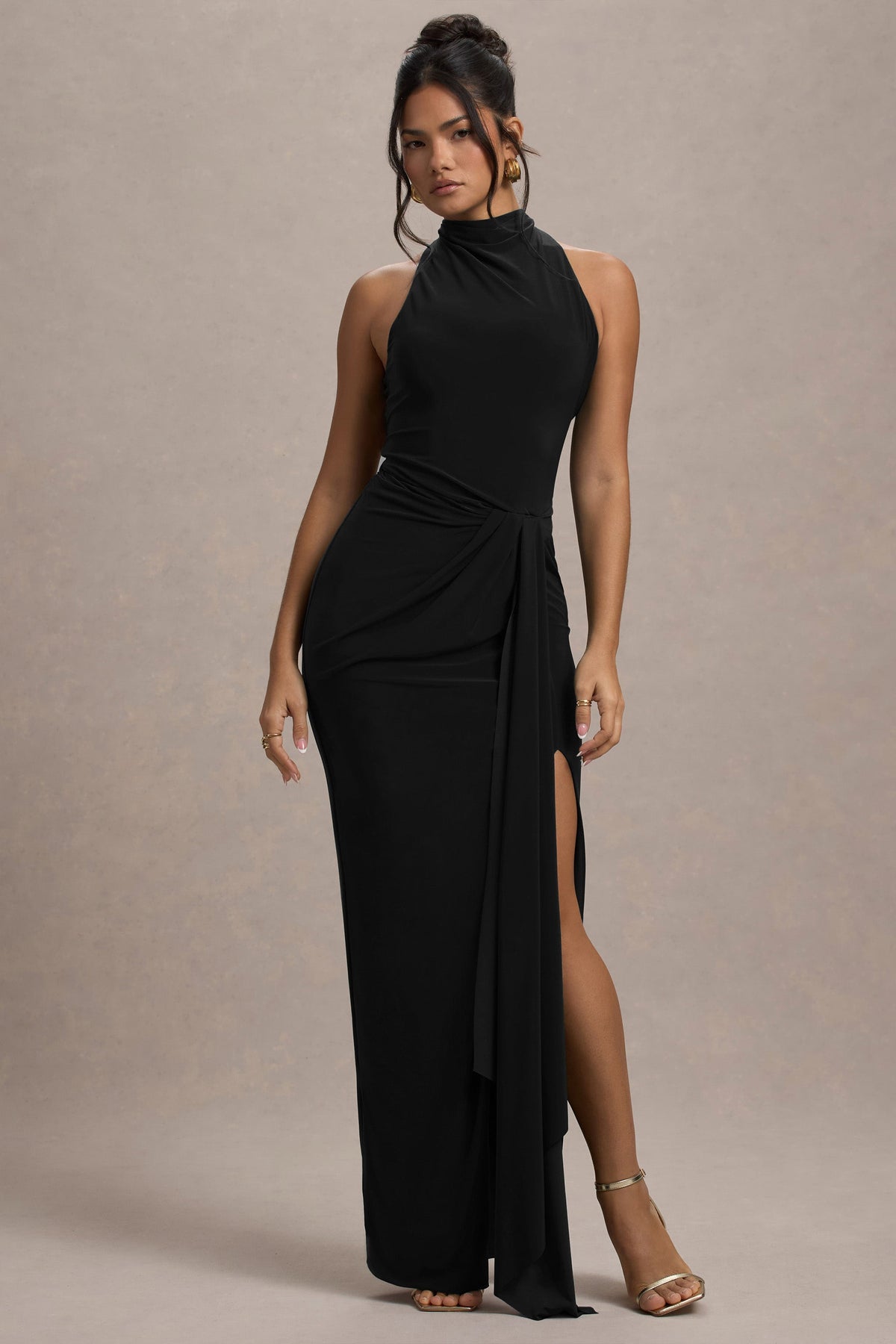 Khari | Black High-Neck Twisted Maxi Dress With Drape