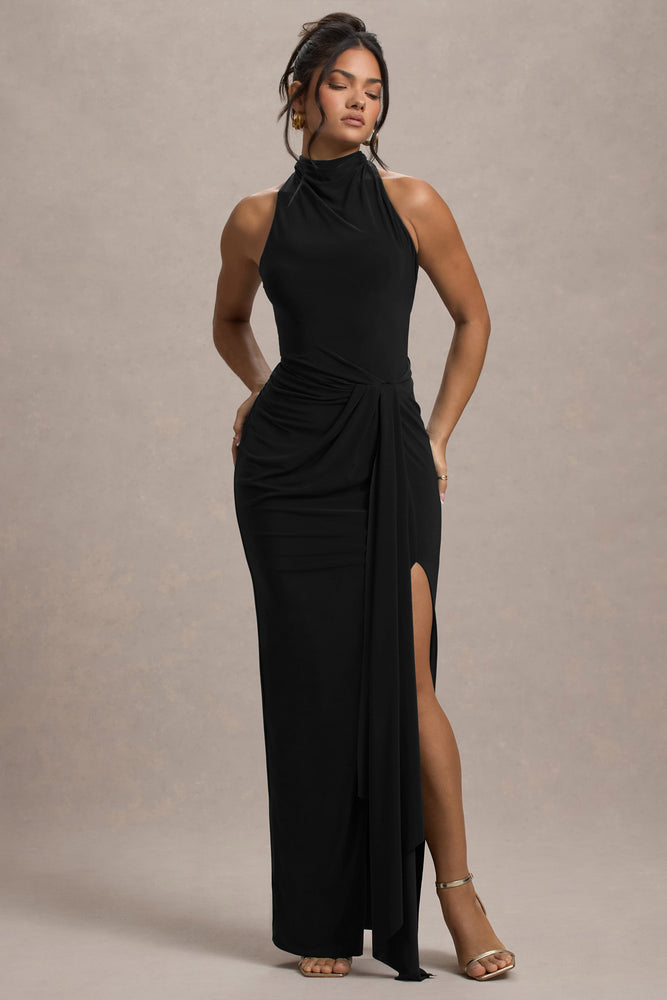 Khari Black High-Neck Twisted Maxi Dress With Drape  Club L London - CA