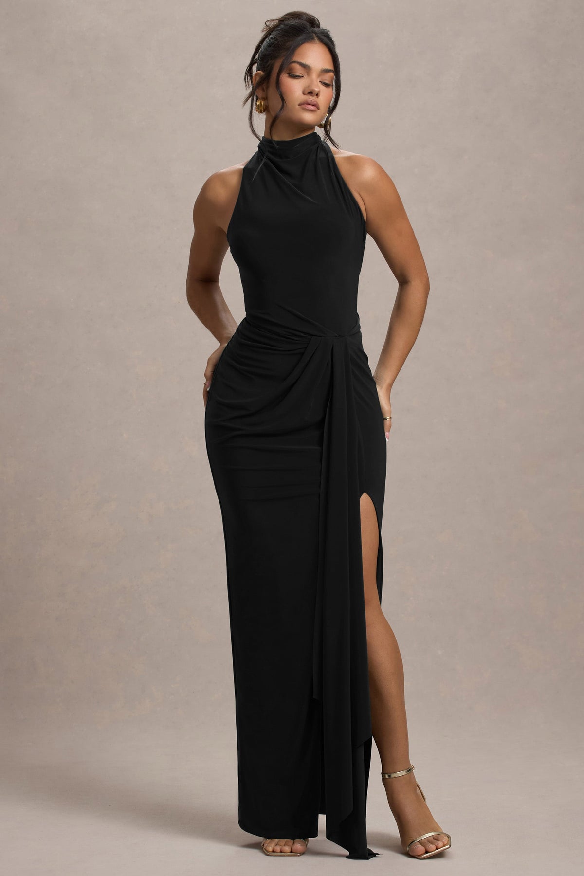 Khari | Black High-Neck Twisted Maxi Dress With Drape