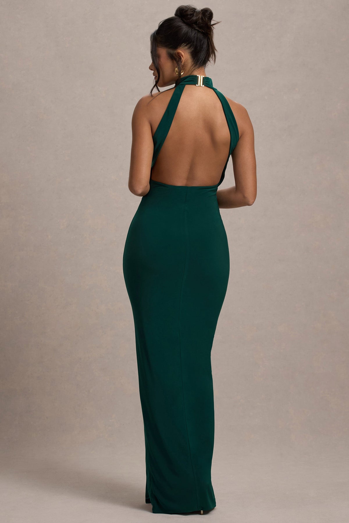 Khari | Bottle Green High-Neck Twisted Maxi Dress With Drape