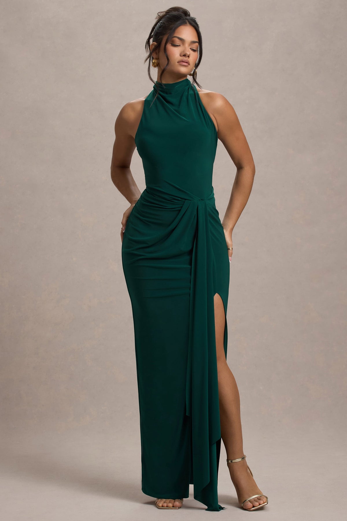 Khari | Bottle Green High-Neck Twisted Maxi Dress With Drape