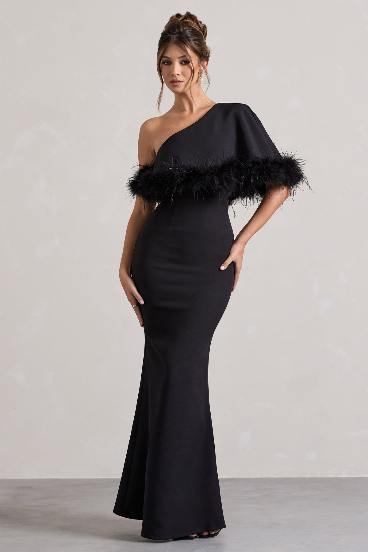 Valor Black Asymmetric Maxi Dress With Feather Trim Club L London - CA Valor Black Asymmetric Maxi Dress With Feather Trim Club L London - CA