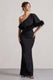 Valor | Robe longue noire asymétrique avec plumes