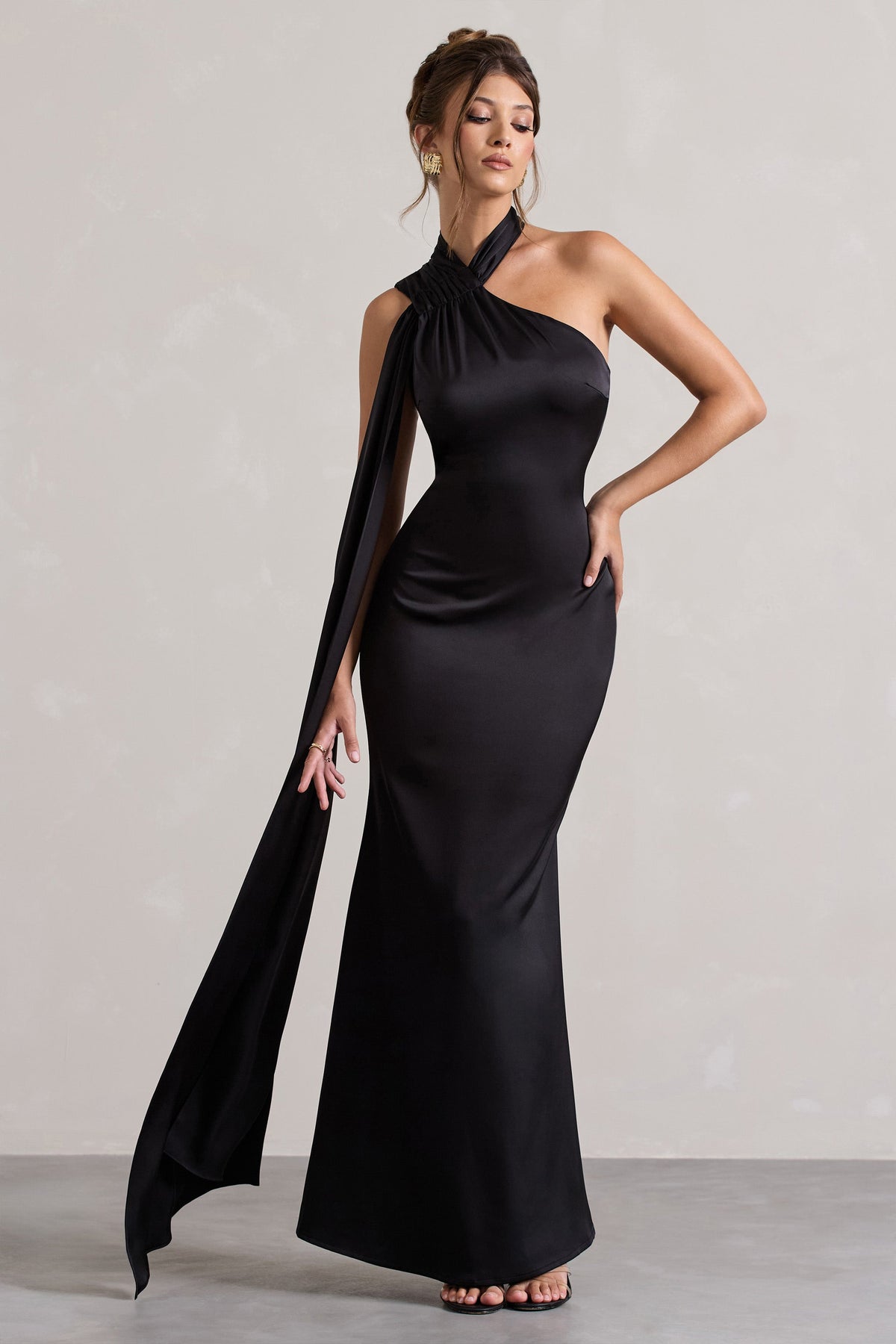 Sancia | Black Satin Asymmetric Maxi Dress With Sash