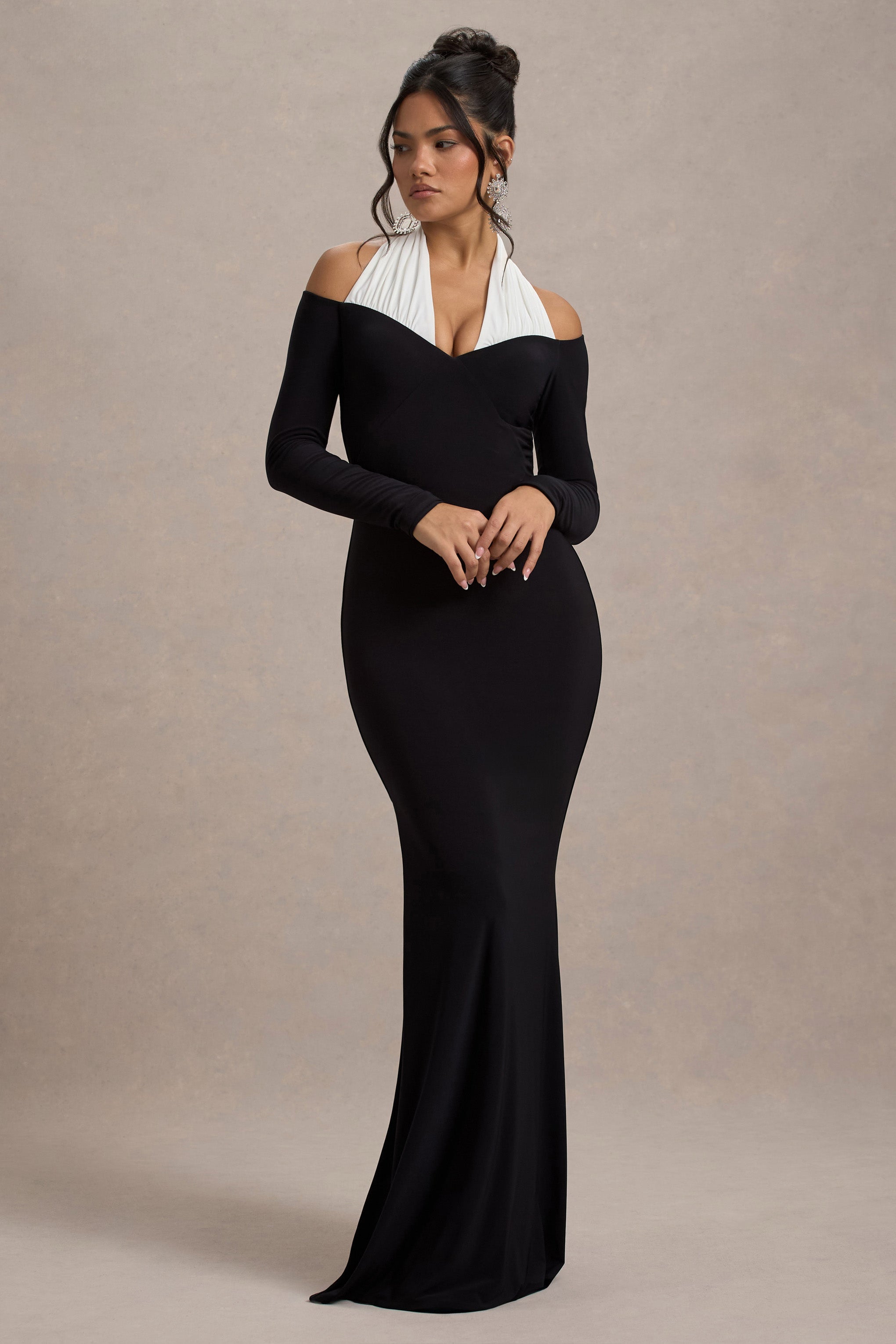 Living High | Black & White Halter-Neck Split Maxi Dress – Club L