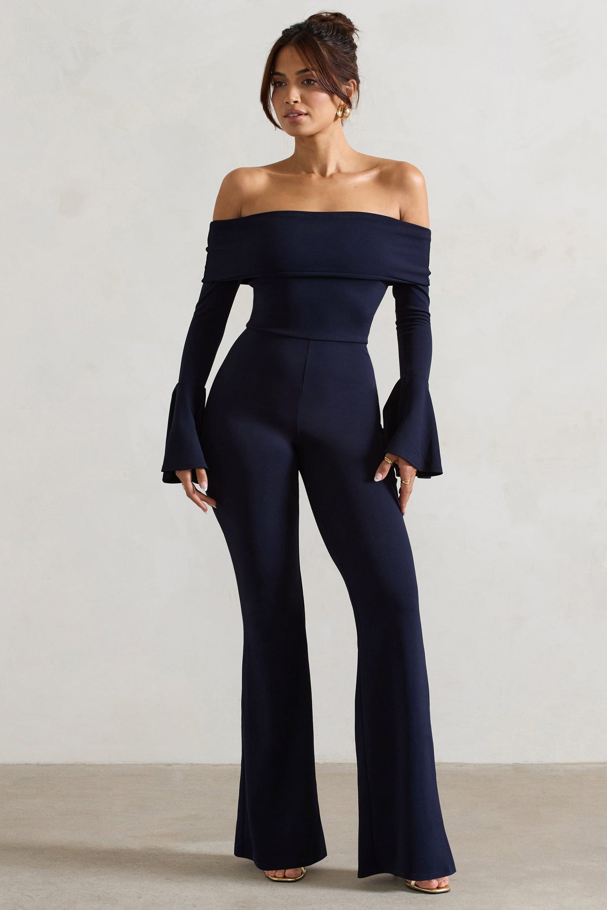 Shauna | Navy Bardot Long-Sleeve Flared Jumpsuit