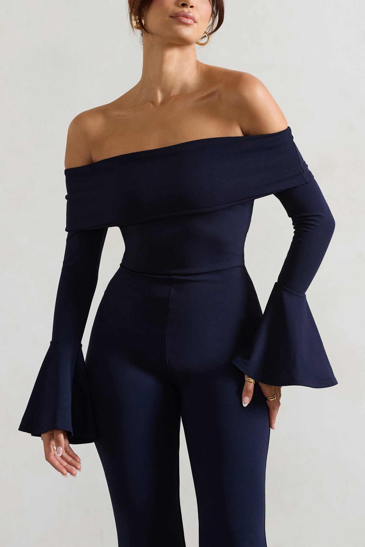 Shauna | Navy Bardot Long-Sleeve Flared Jumpsuit