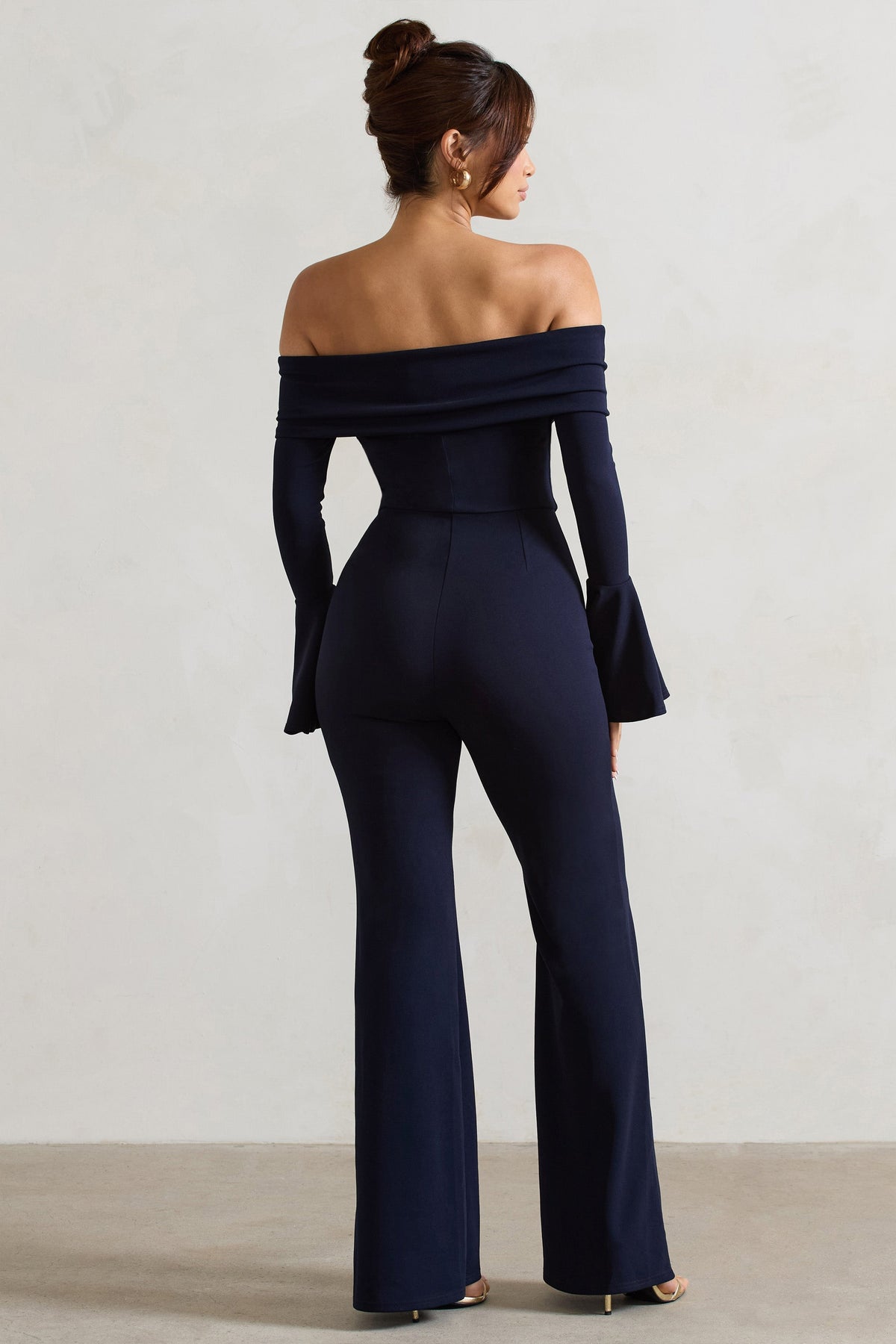 Shauna | Navy Bardot Long-Sleeve Flared Jumpsuit