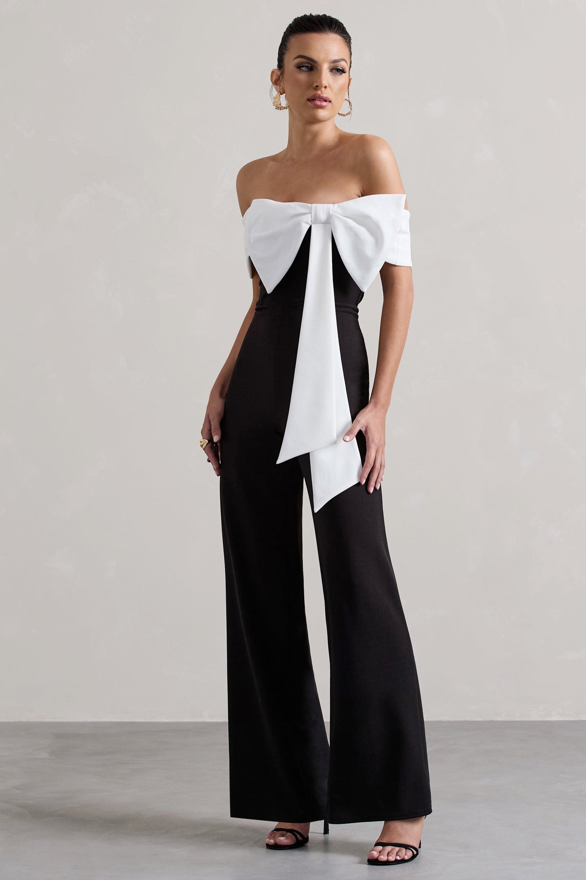 Bower | Black Bardot Straight-Leg Jumpsuit With Bow