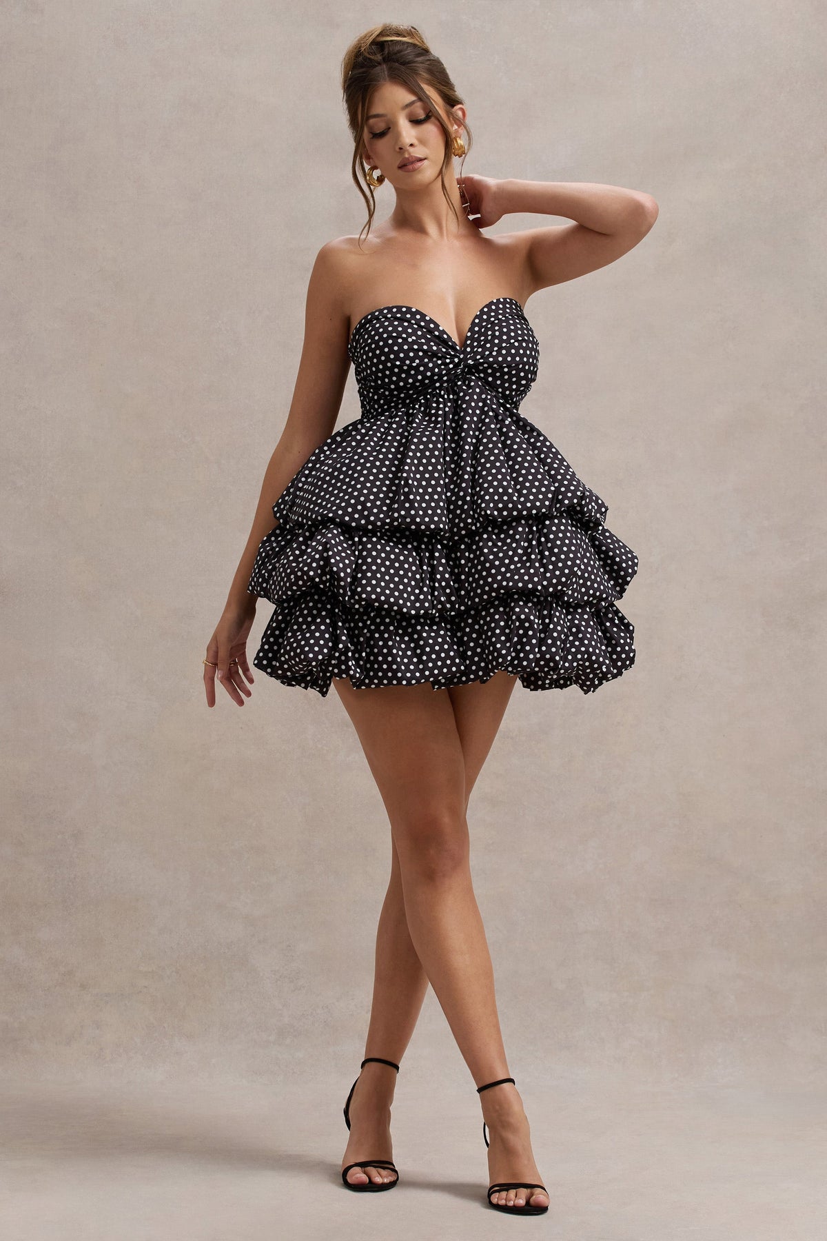 Pepper | Black Polka Dot Strapless Ruffled Mini Dress