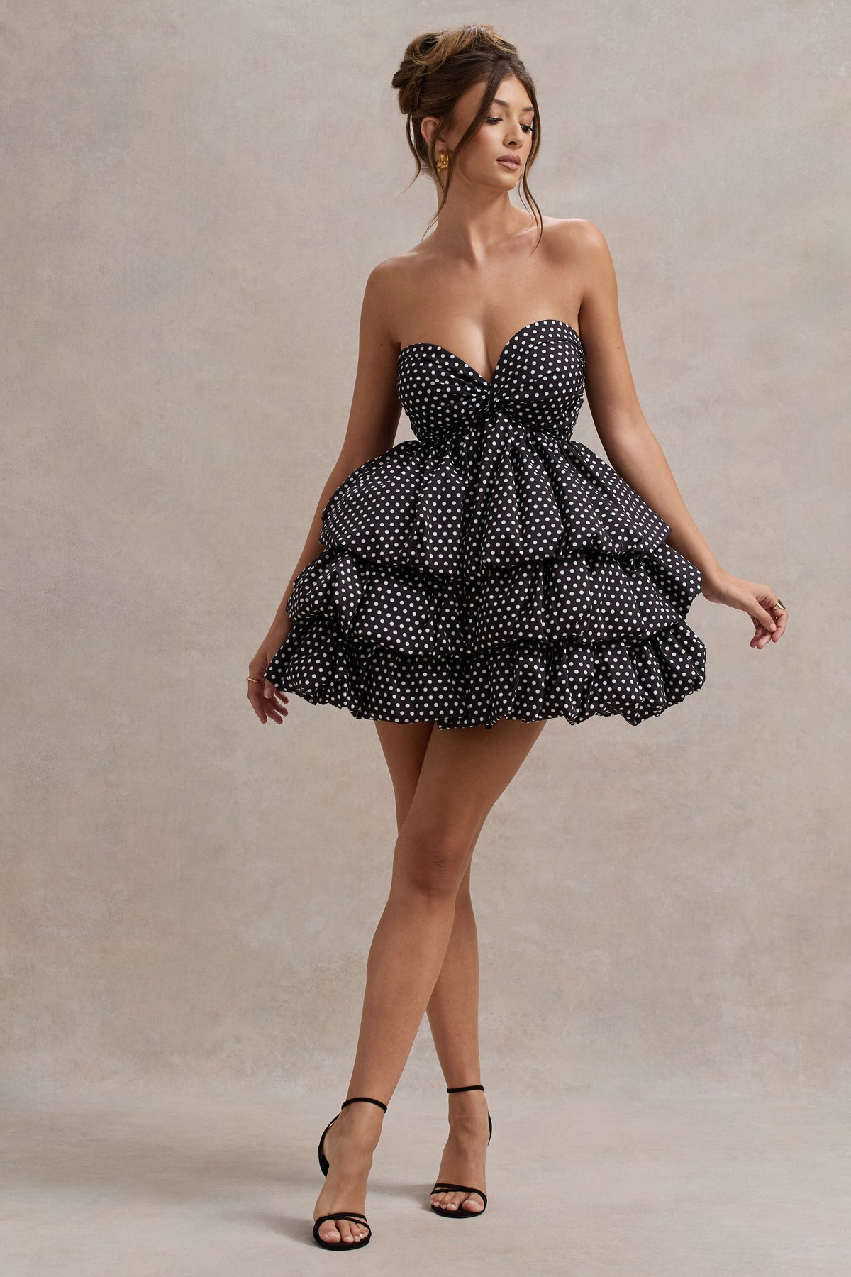 Pepper | Black Polka Dot Strapless Ruffled Mini Dress