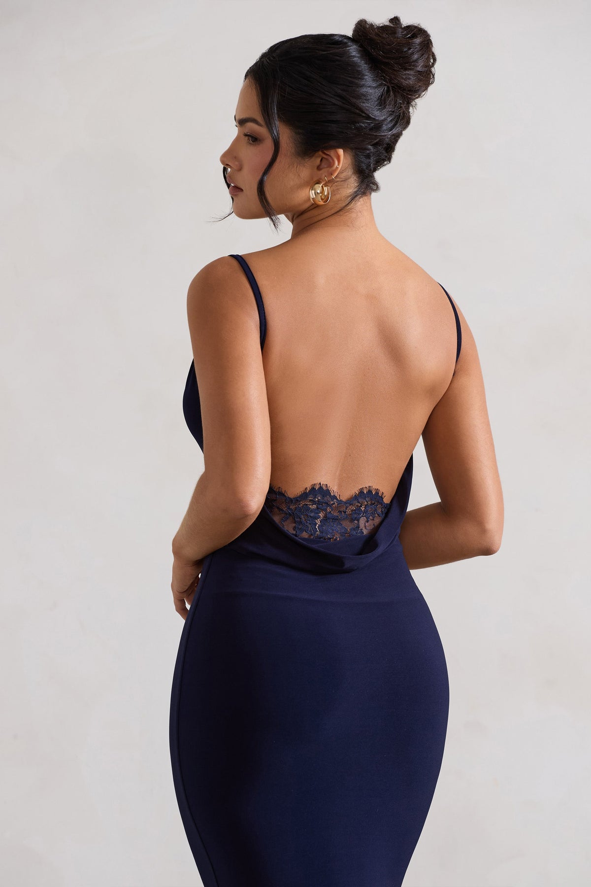 Addison | Navy Cowl-Neck Open-Back Midi Dress With Lace