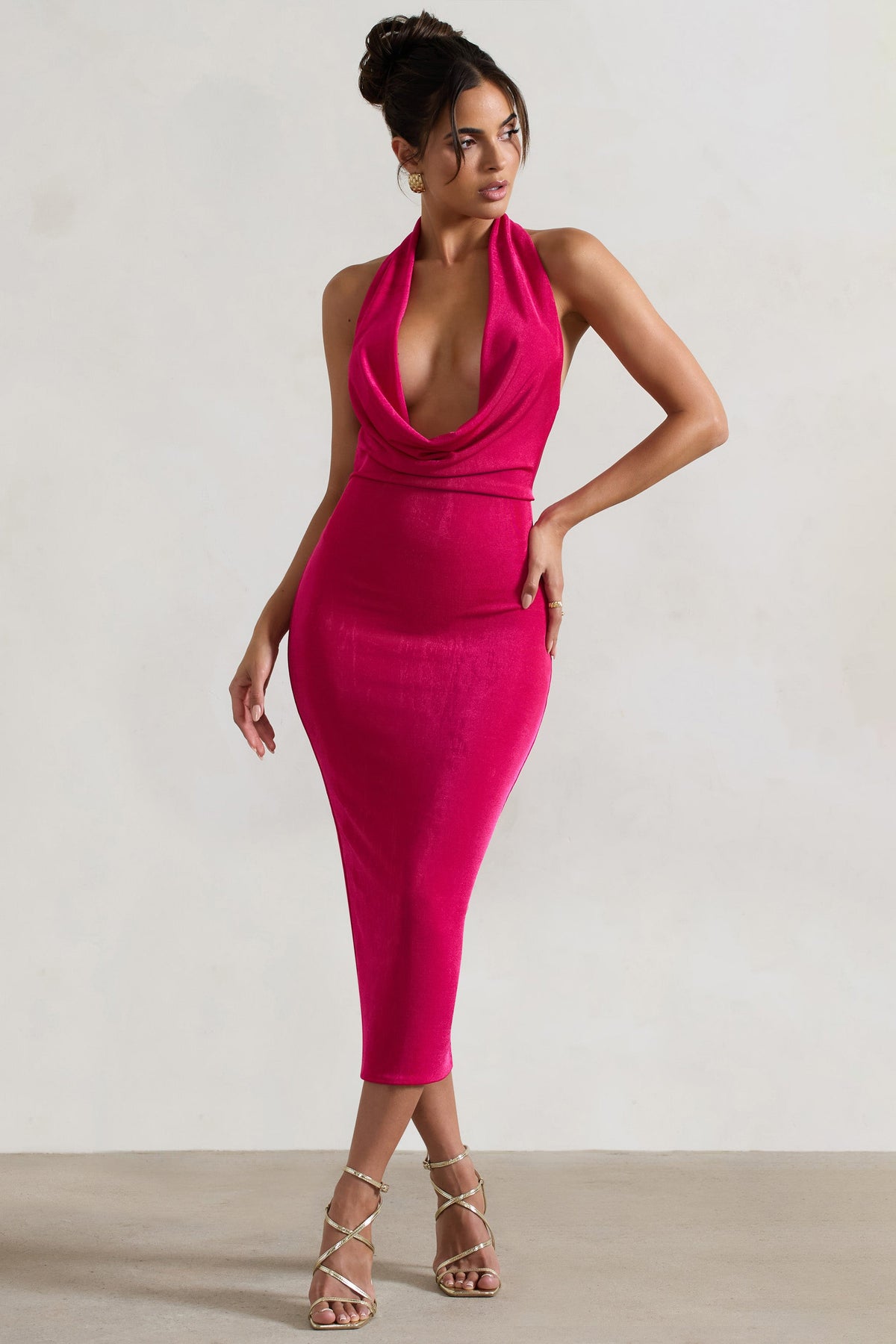 Raleigh | Hot Pink Cowl-Neck Midi Dress