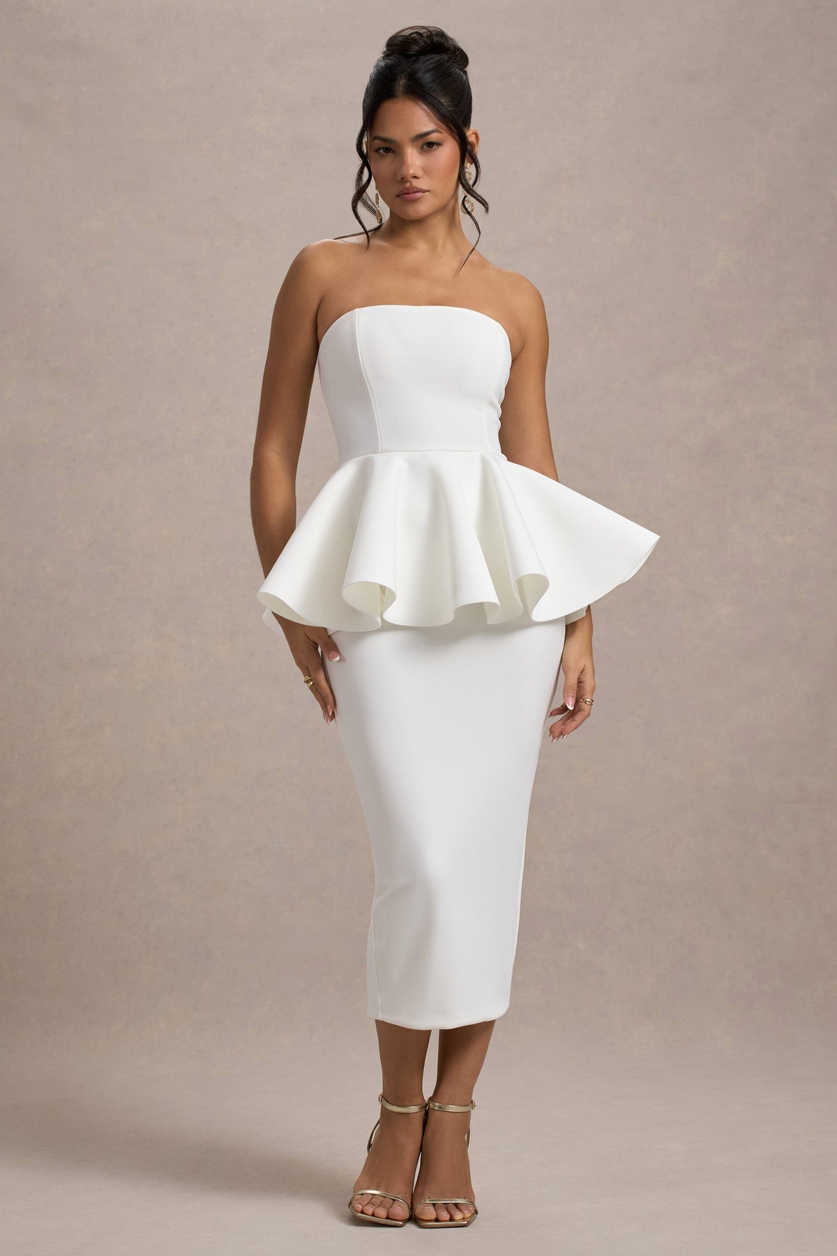 First Dance | White Bandeau Peplum Midi Dress