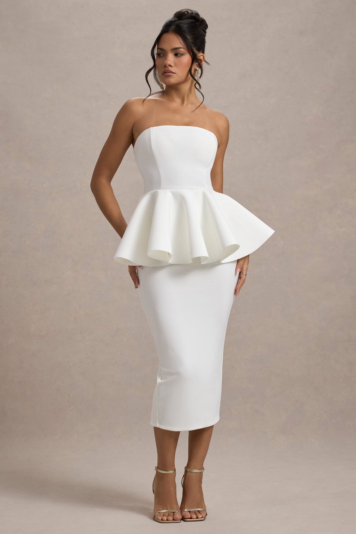 First Dance | White Bandeau Peplum Midi Dress