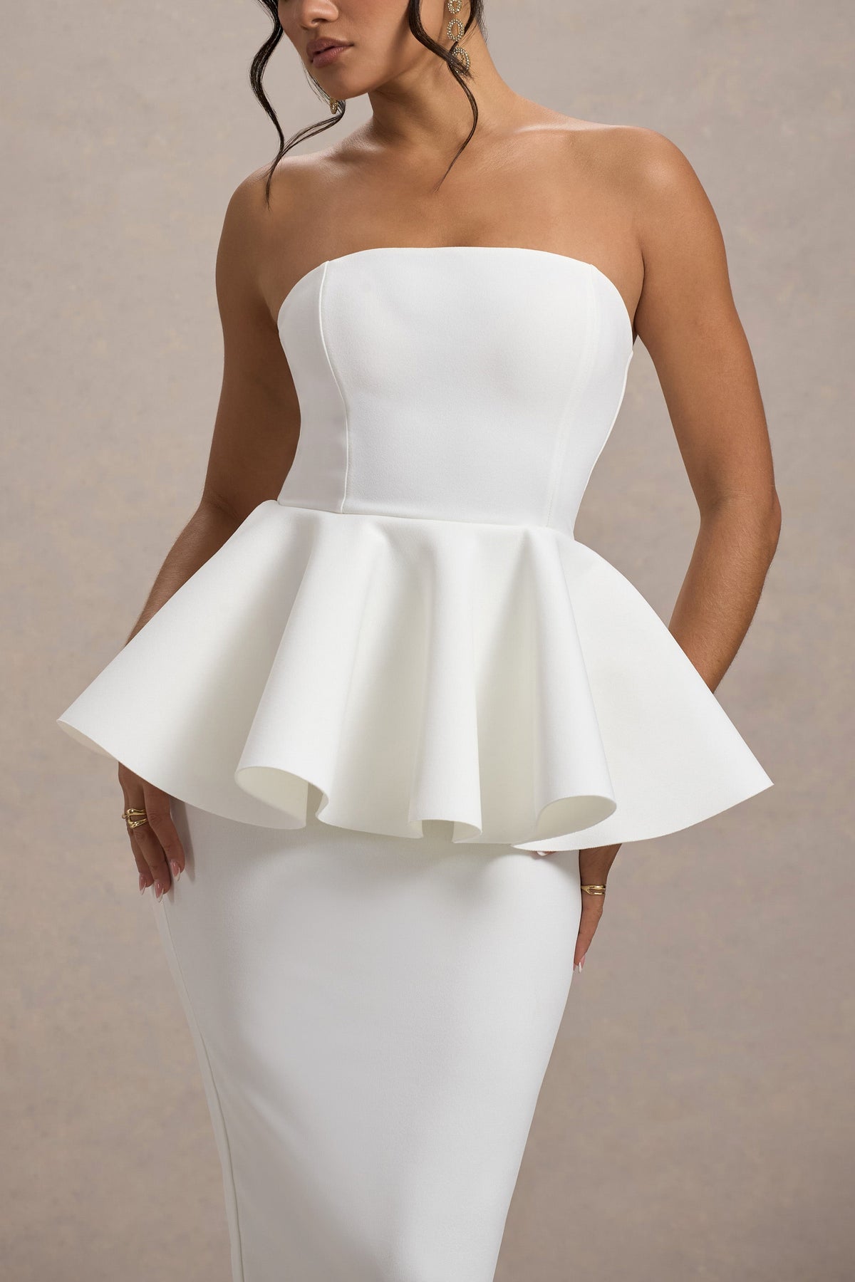 First Dance | White Bandeau Peplum Midi Dress