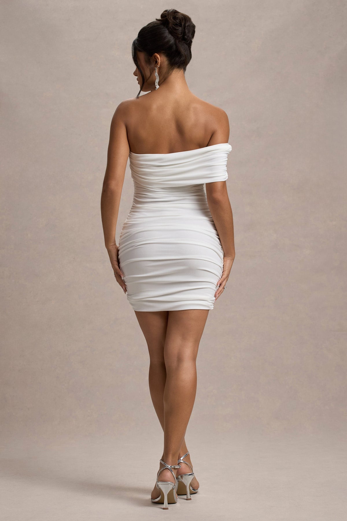 Tampa | White Ruched Asymmetric Bardot Mini Dress