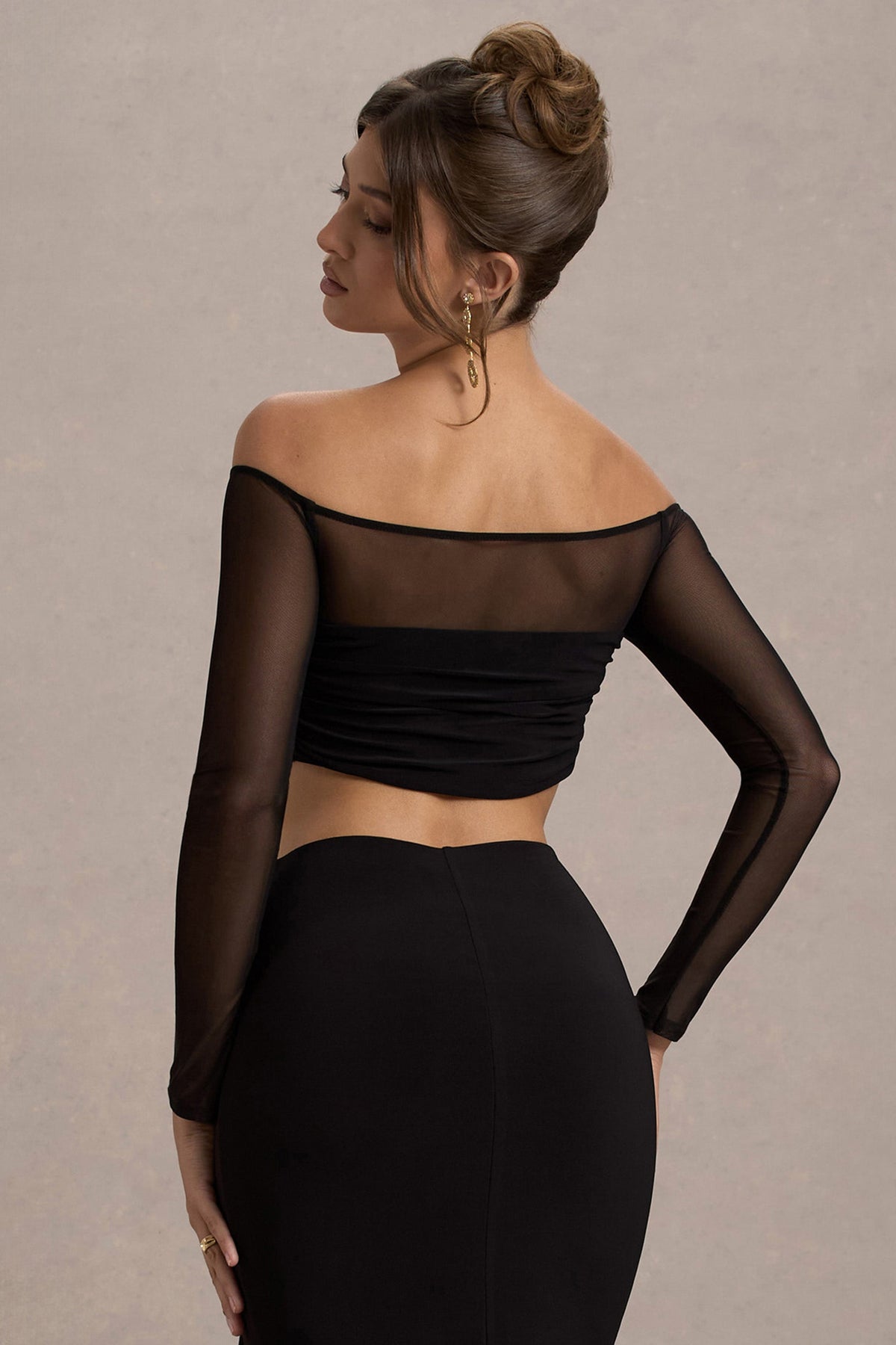 Black bardot crop top long sleeve on sale