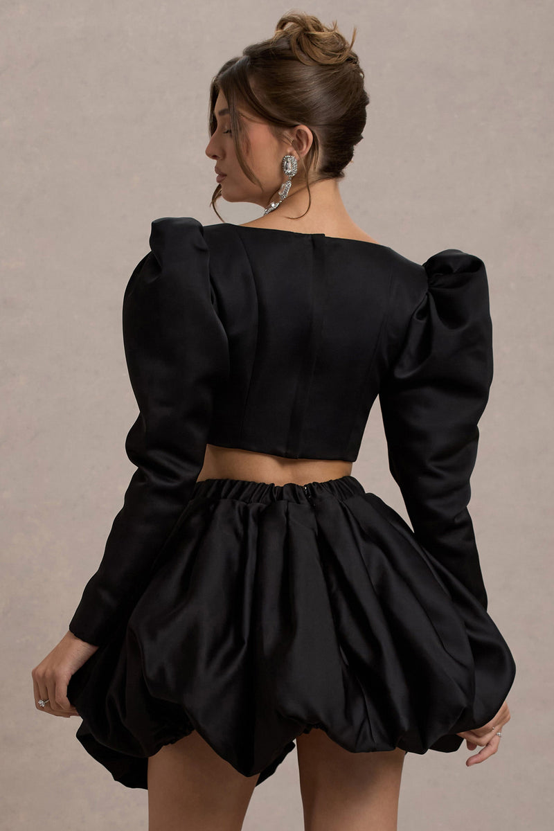 Eloisa | Veste courte en satin noir à manches bouffantes