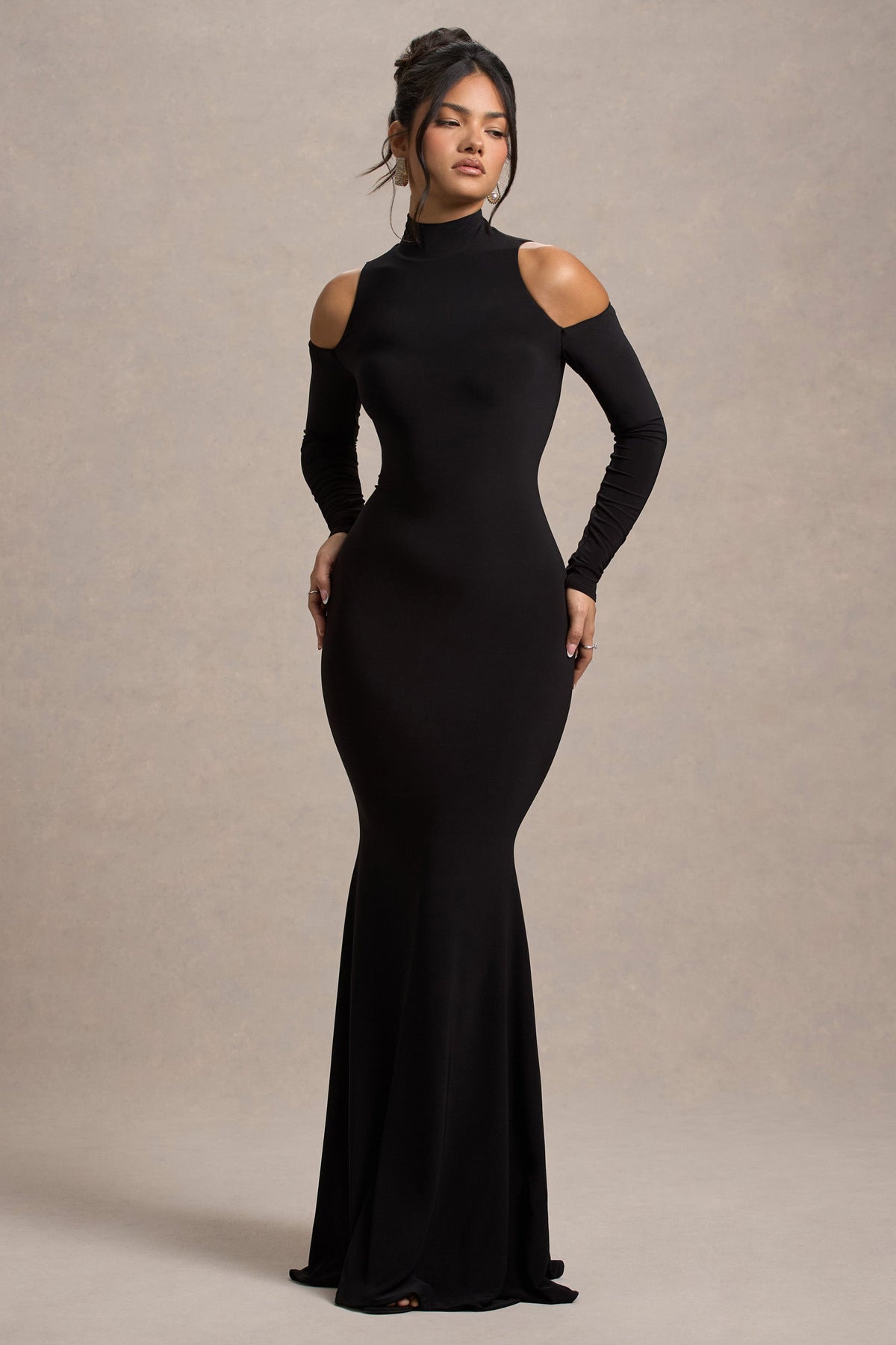 Catarina | Black Turtle-Neck Long-Sleeve Maxi Dress With Cold Shoulders