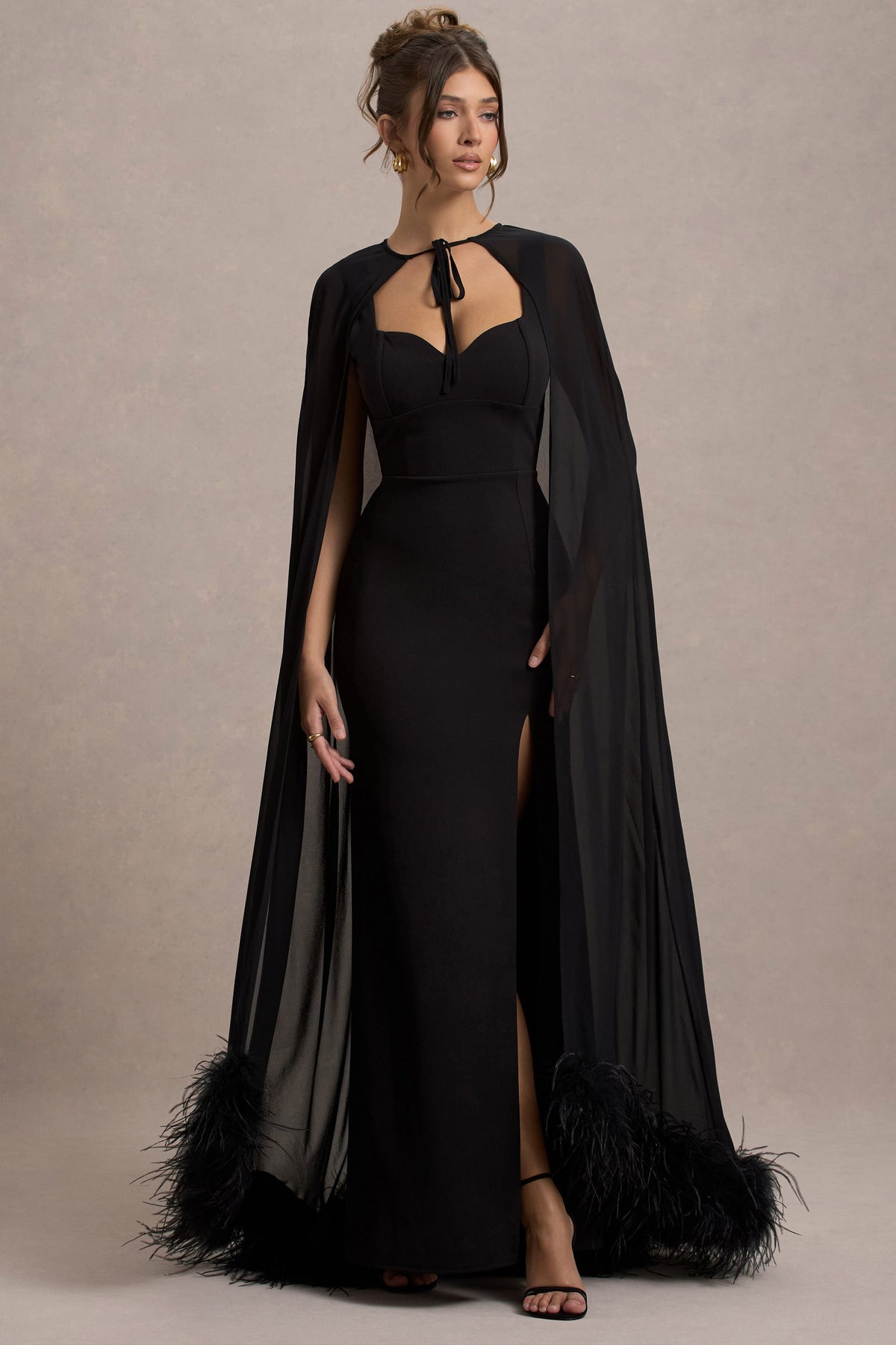 Veranna | Black Chiffon Cape with Fur Trim