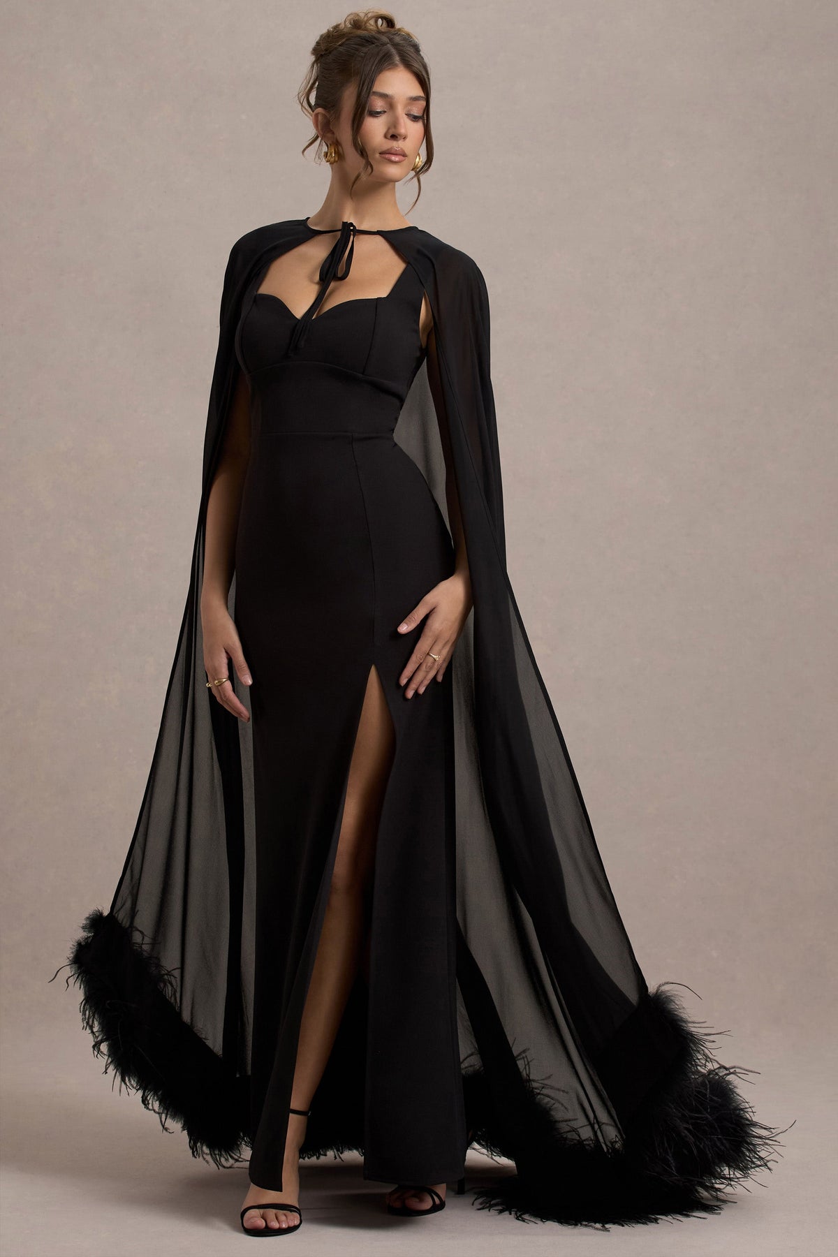 Veranna | Black Chiffon Cape with Fur Trim