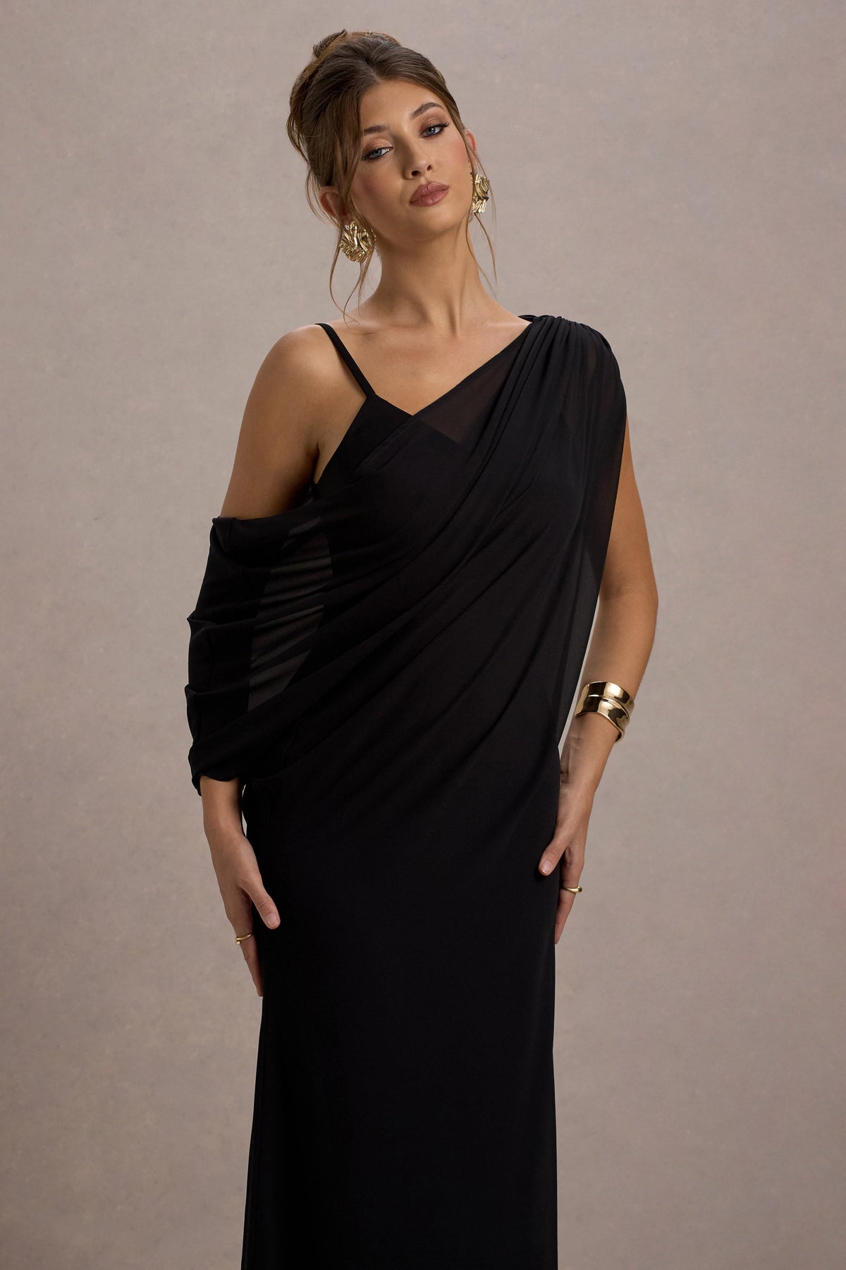 Aeliana | Black Strappy V-Neck Maxi Dress With Chiffon Sash