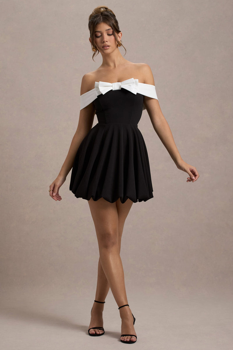 Minimoiselle Black & White Bow Bardot Mini Dress With Puff-Ball Skir