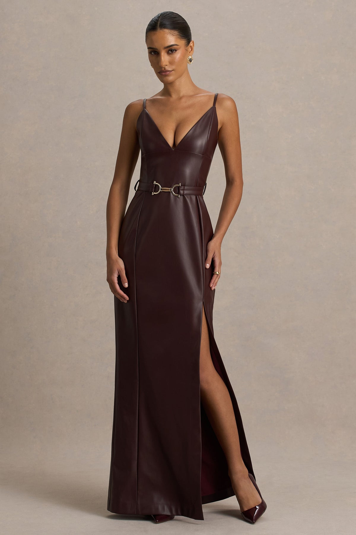 Lila Burgundy Faux Leather Plunge-Neck Maxi Dress With Split Club L London - CA Lila Burgundy Faux Leather Plunge-Neck Maxi Dress With Split Club L London - CA