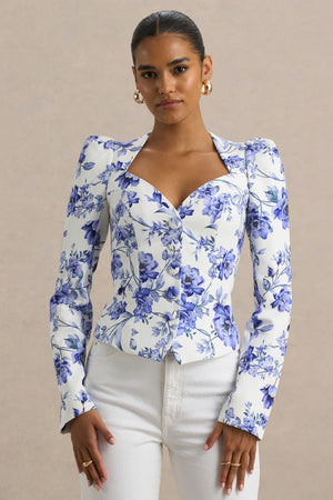 Olympia Blue Floral Print Sweetheart-Neck Tailored Top – Club L