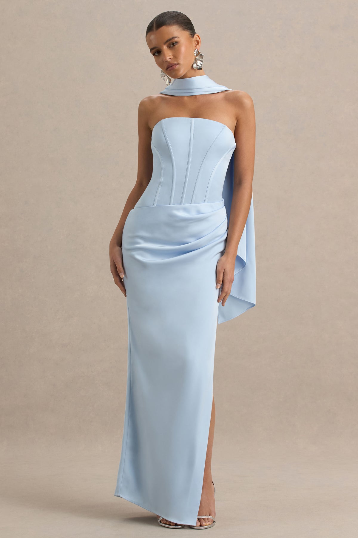 Joseline Powder Blue Satin Corset Wrap Maxi Dress With Scarf Neck Club L London - CA Joseline Powder Blue Satin Corset Wrap Maxi Dress With Scarf Neck Club L London - CA