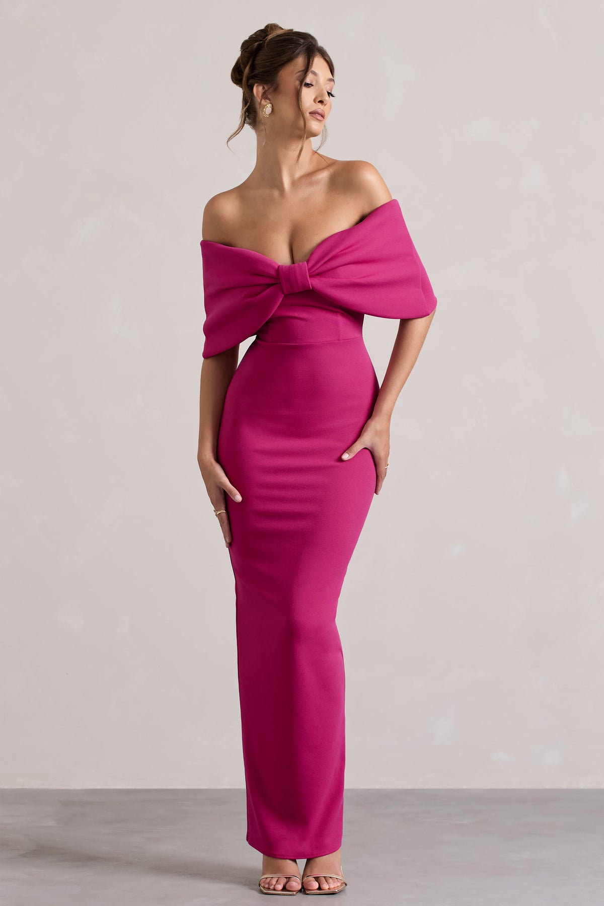 women's dark pink strapless dress Cornelia Hot Pink Strapless Maxi Dress With Oversized Bow – Club L London