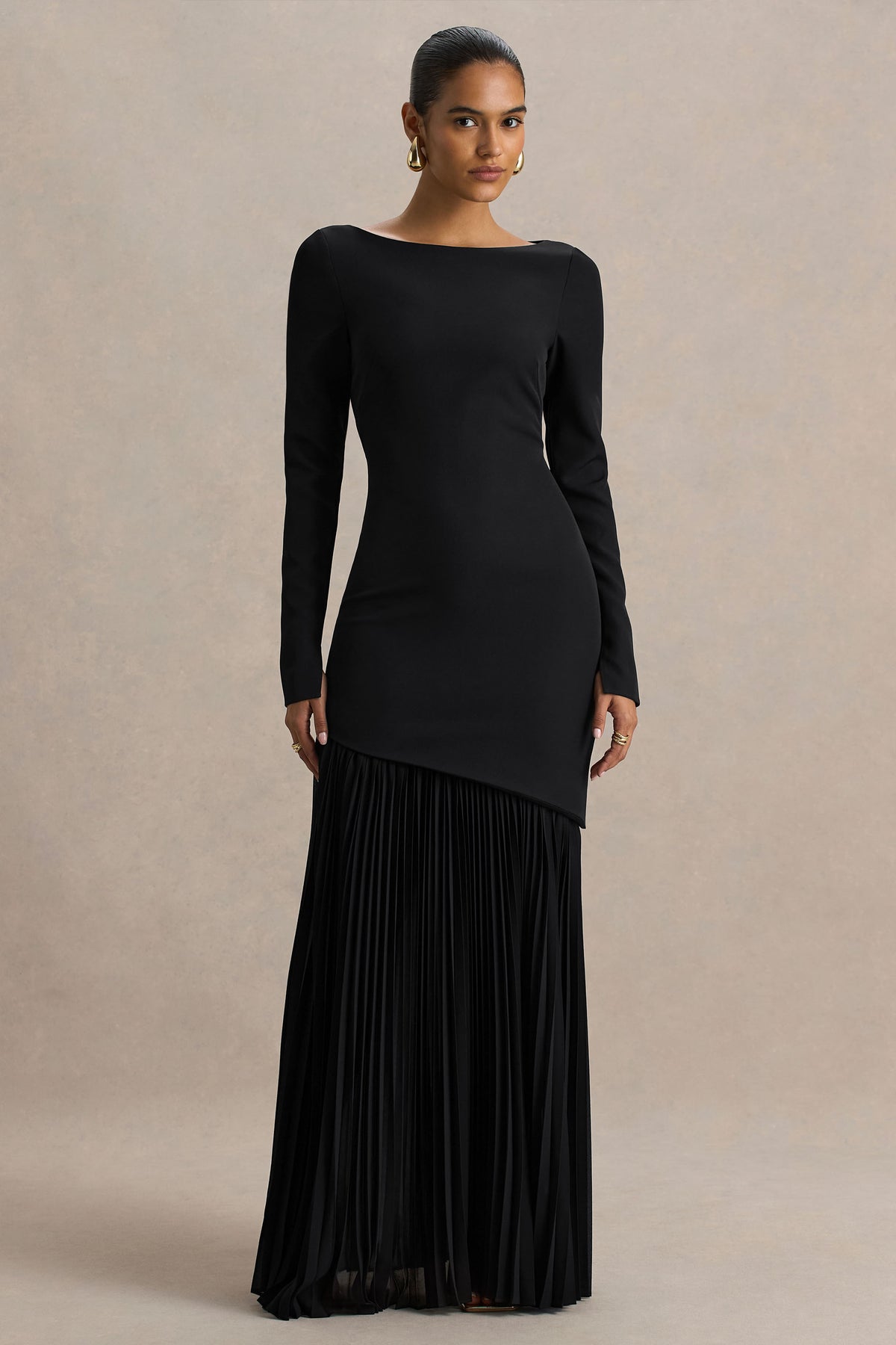 Yanira Black Crepe And Georgette Boat-Neck Maxi Dress With Drop Wais Club L London - CA Yanira Black Crepe And Georgette Boat-Neck Maxi Dress With Drop Wais Club L London - CA
