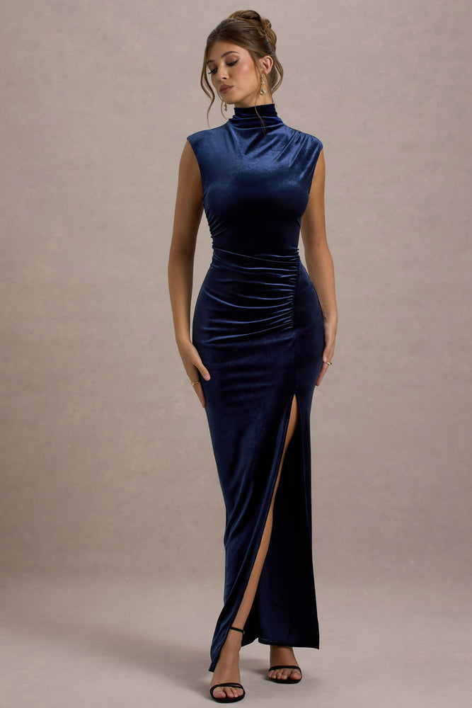 Abilene Navy Velvet High-Neck Split Maxi Dress – Club L London - CA