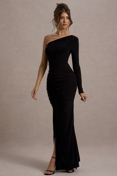 Doll | Black Asymmetric One Sleeve Ruched Maxi Dress – Club L
