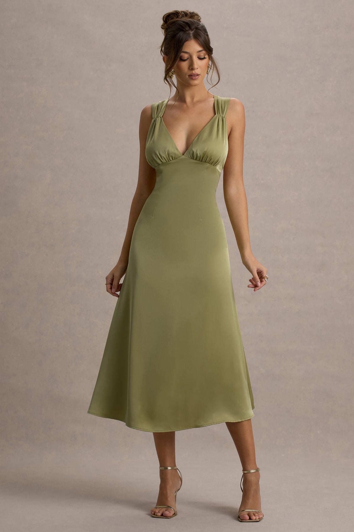 Beck Light Green Satin Plunge-Neck Cross-Back Midi Dress Club L London - CA Beck Light Green Satin Plunge-Neck Cross-Back Midi Dress Club L London - CA