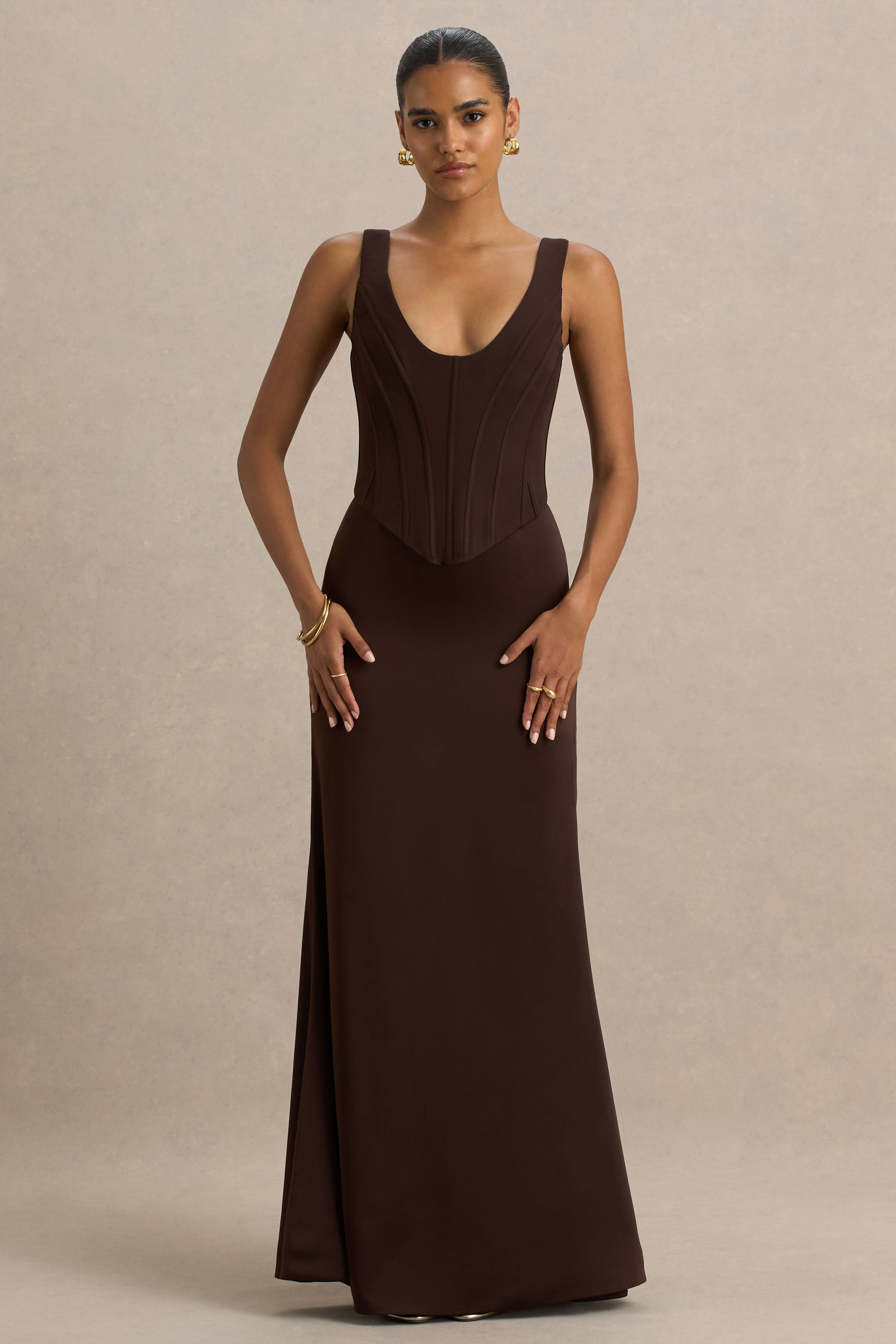 Morgan | Brown Satin Corset Maxi Dress – Club L London - CA