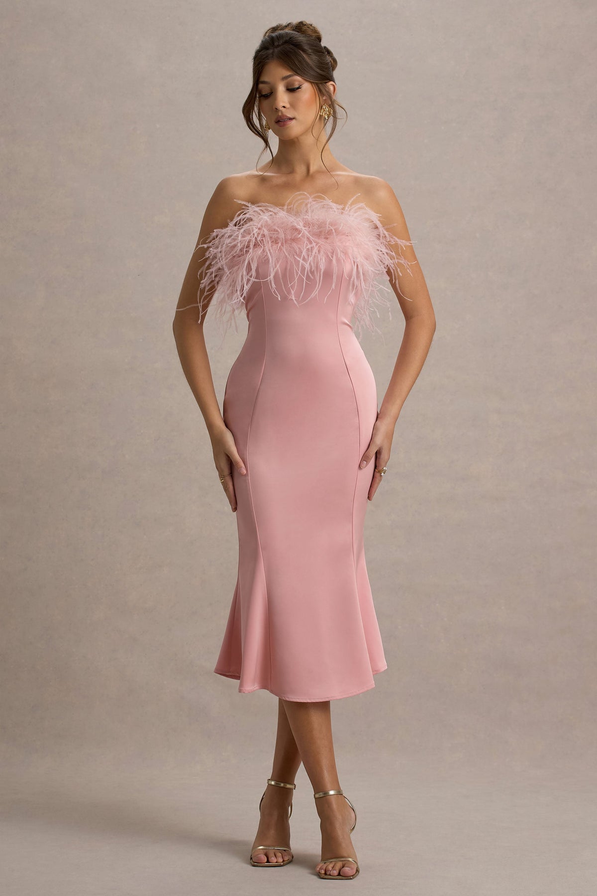 One And Only Light Pink Satin Feather Trim Bandeau Midi Dress Club L London - CA One And Only Light Pink Satin Feather Trim Bandeau Midi Dress Club L London - CA