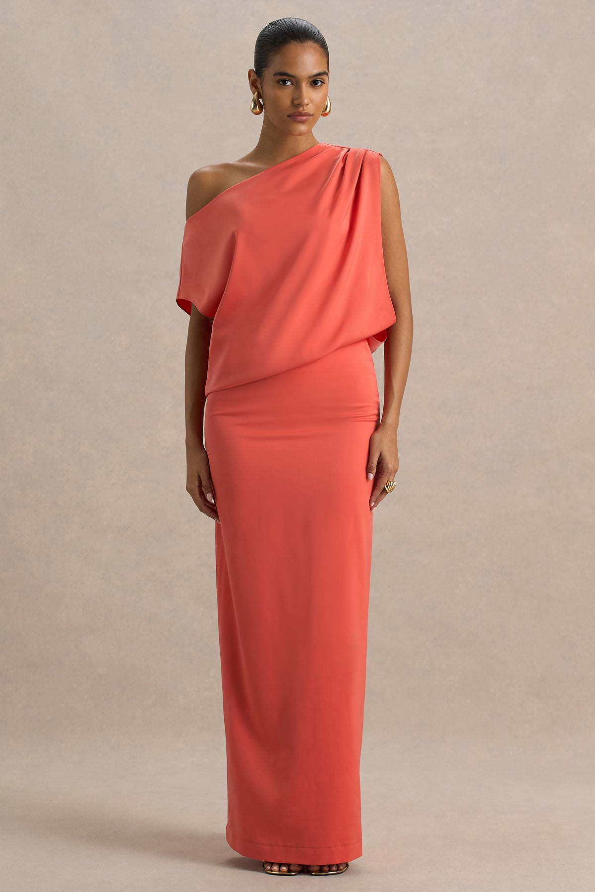 Ronnie Coral Satin Asymmetric-Neck Maxi Dress With Draping Detail Club L London - CA Ronnie Coral Satin Asymmetric-Neck Maxi Dress With Draping Detail Club L London - CA