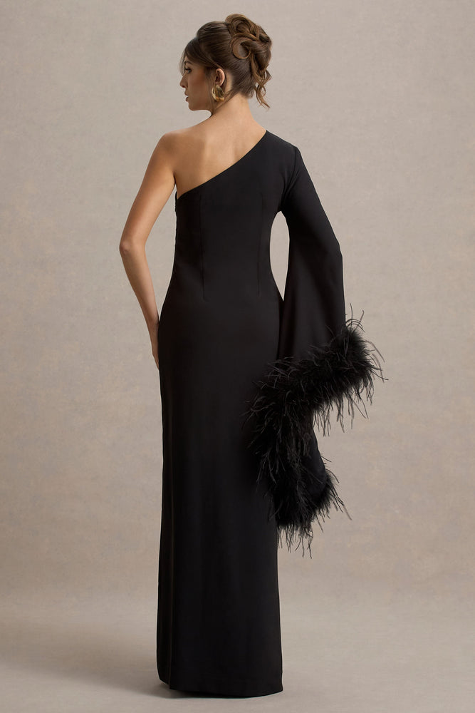 Armina Black One-Shoulder Feather-Trim Maxi Dress – Club L
