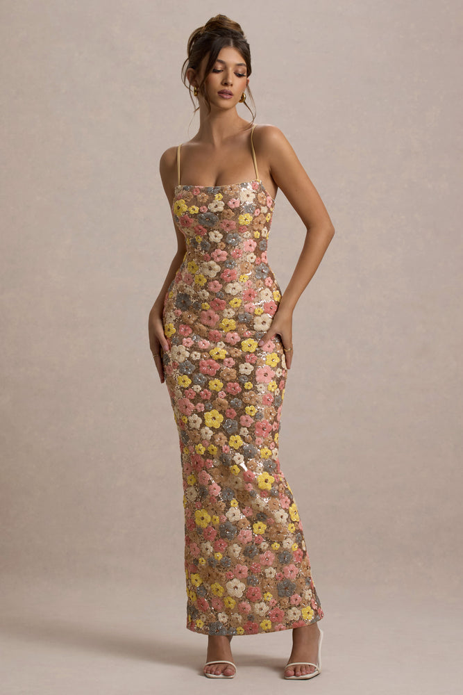 Vitora Pastel Floral Print Embellished Sequin Square-Neck Maxi