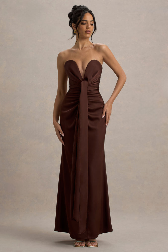 LE’RURE　drape design dress　ブラウン　M Mackenzie Brown Satin Plunge-Neck Draped Maxi Dress – Club L