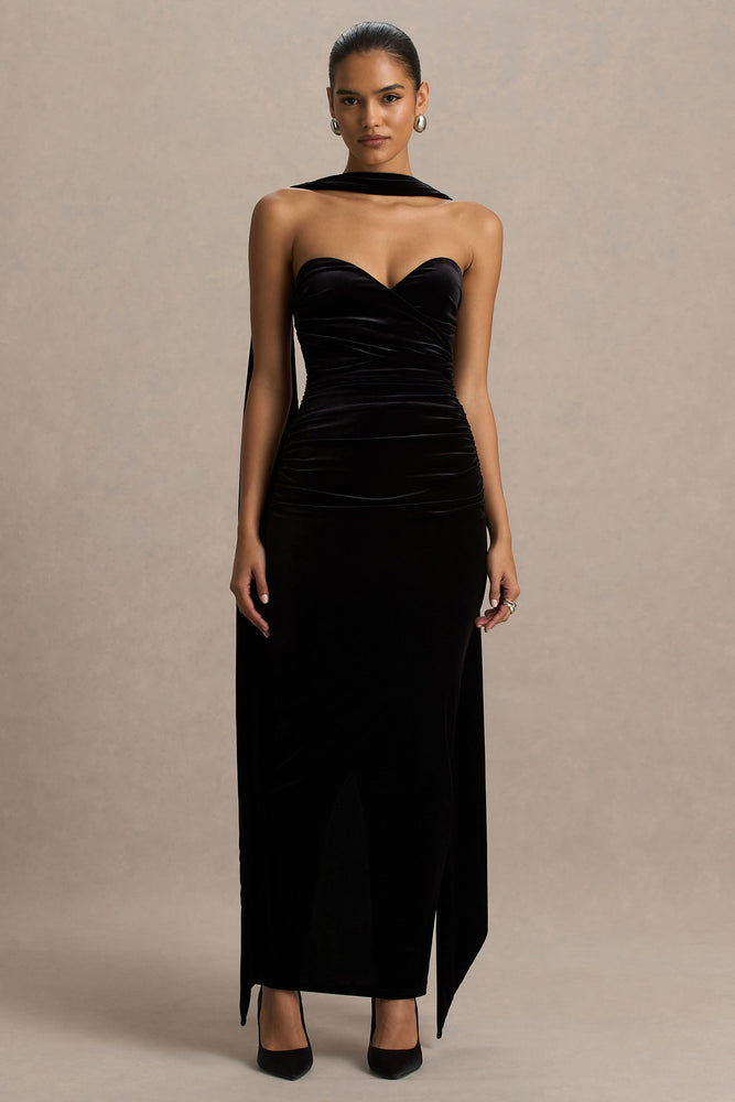 Paloma Black Velvet Bandeau Maxi Dress With Scarf  Club L London - CA