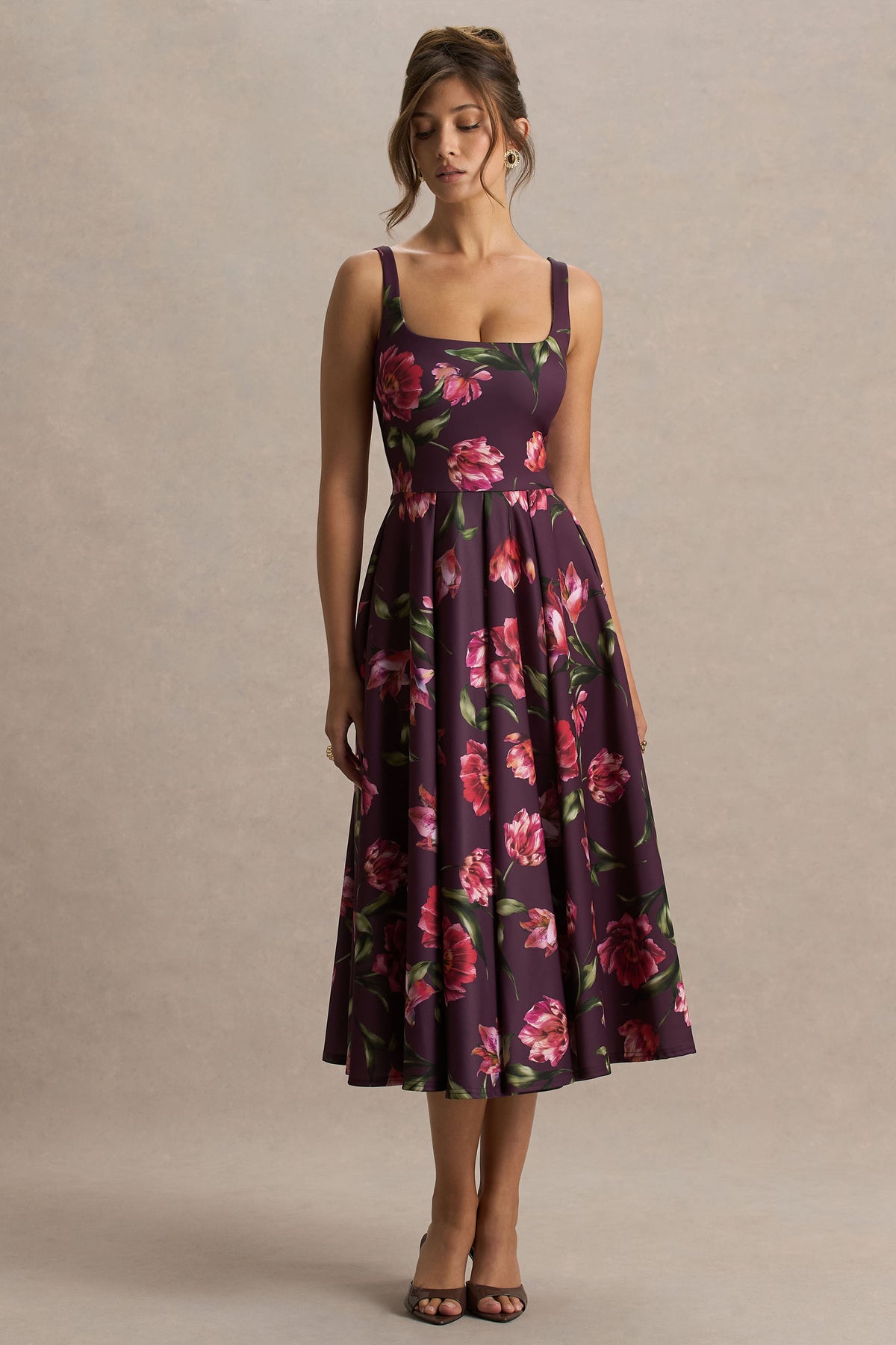 Berta | Burgundy Floral Print Square-Neck Midi Dress US 6 / BURGUNDY FLORAL PRINT Berta | Burgundy Floral Print Square-Neck Midi Dress US 6 / BURGUNDY FLORAL PRINT