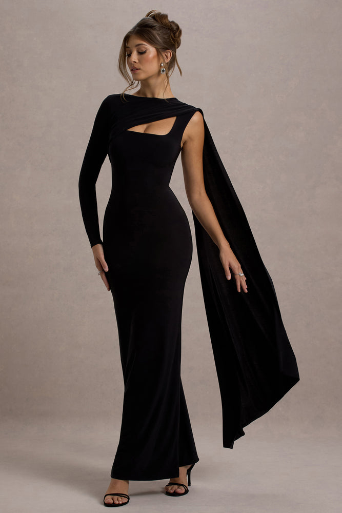 Ashini Black One-Sleeve Maxi Dress With Cape – Club L London - CA