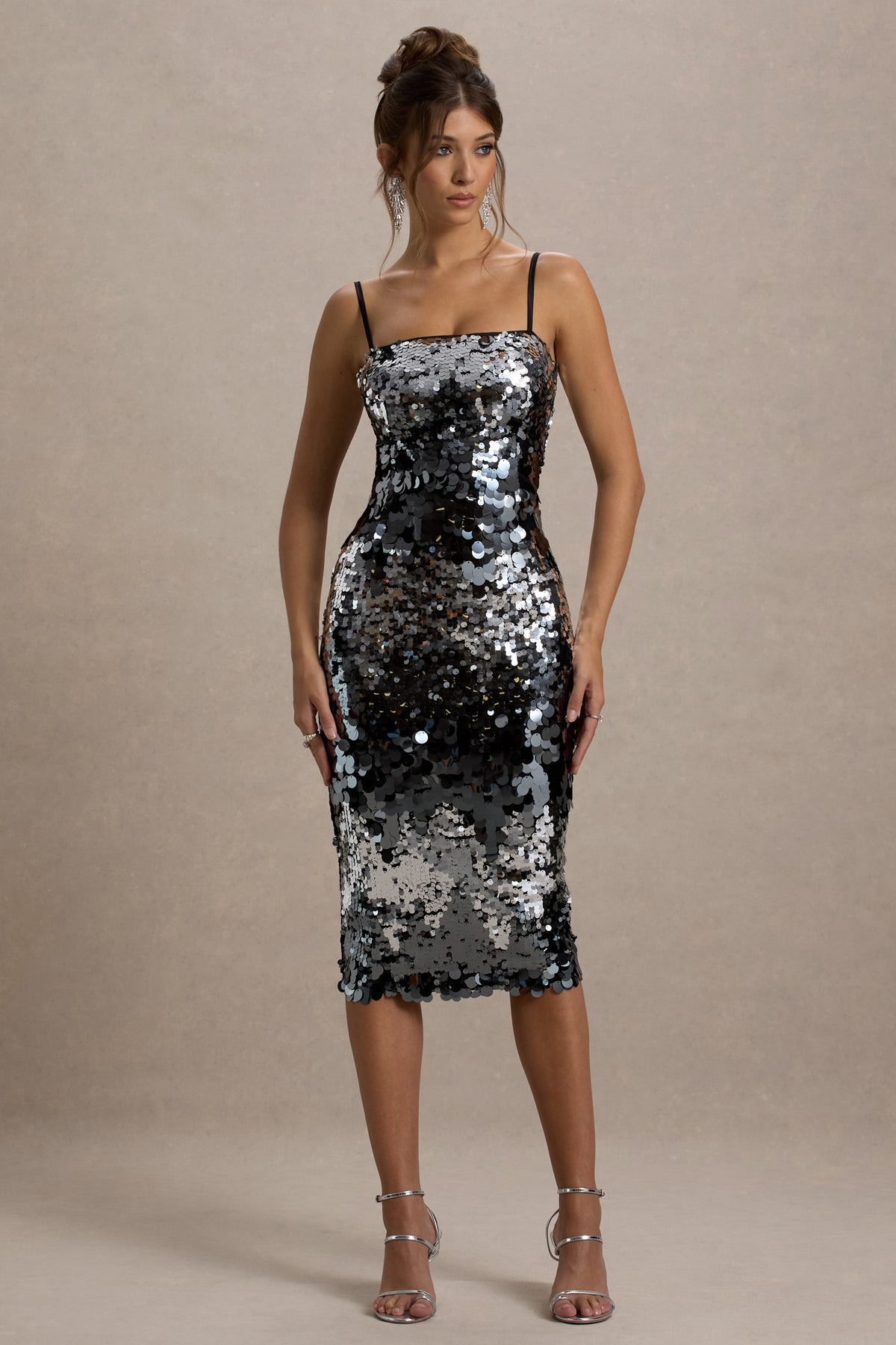 Azure Silver Sequin Strappy Midi Dress Club L London - CA Azure Silver Sequin Strappy Midi Dress Club L London - CA