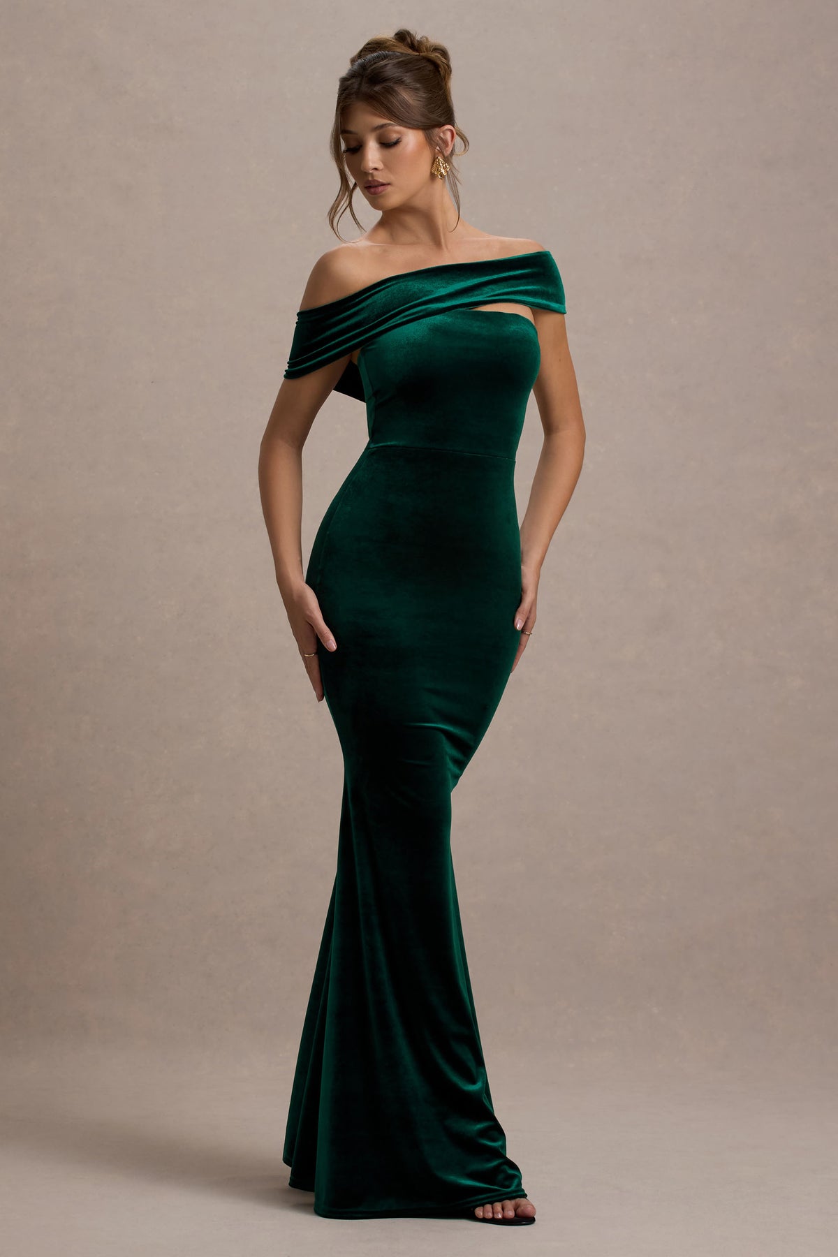 Candela Bottle Green Velvet Asymmetric Bardot Maxi Dress Club L London - CA Candela Bottle Green Velvet Asymmetric Bardot Maxi Dress Club L London - CA