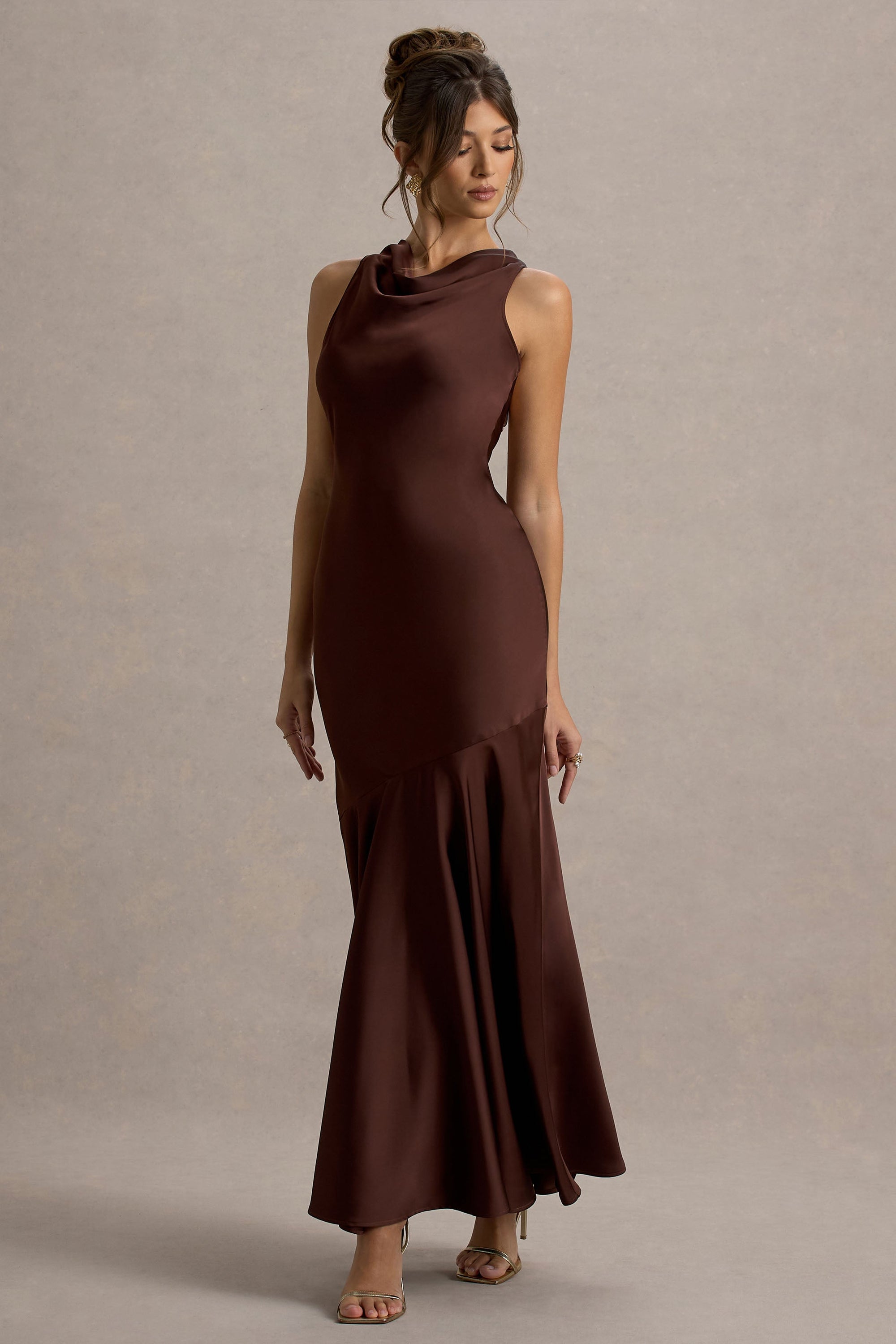 brown satin cowl neck dress Morilee Bridesmaid 3030035 Luxe Satin Halter Cowl Neck Dress