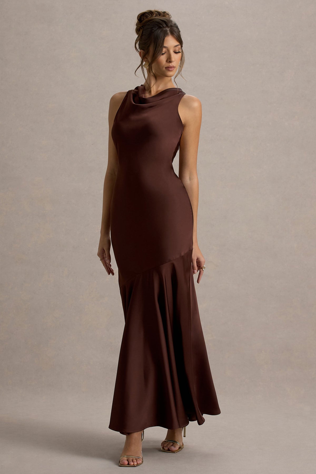 Amelita Brown Satin Cowl-Neck Maxi Dress Club L London - CA Amelita Brown Satin Cowl-Neck Maxi Dress Club L London - CA