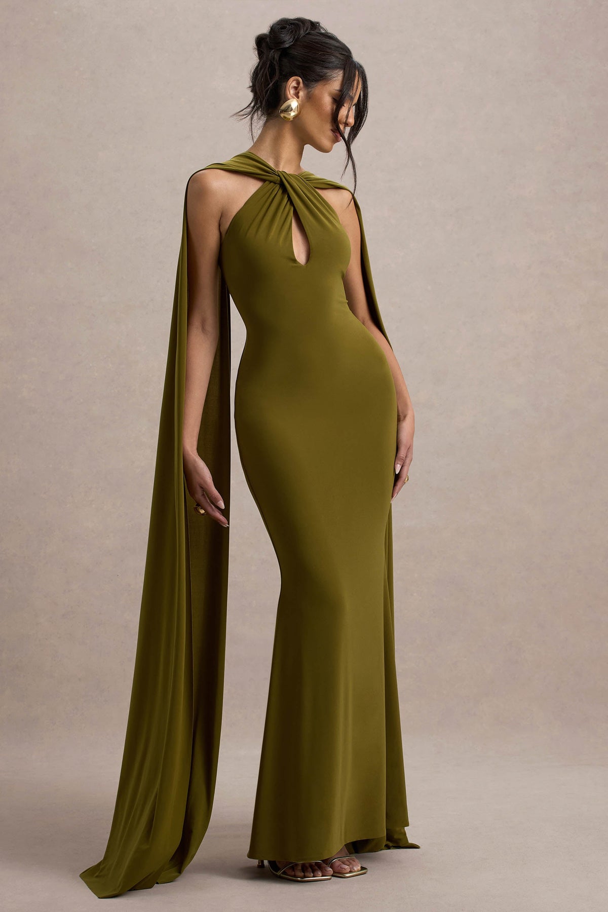 Rhoda Green Twist Halter-Neck Cape Maxi Dress Club L London - CA Rhoda Green Twist Halter-Neck Cape Maxi Dress Club L London - CA
